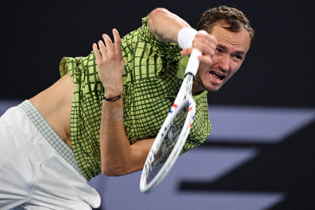 Daniil Medvedev serves against Marton Fucsovics at the 2026 Brisbane International.