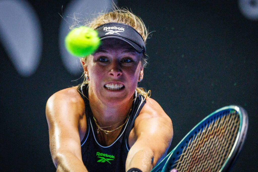 Magdalena Frech returns a shot to Marketa Vondrousova at the 2026 Brisbane International