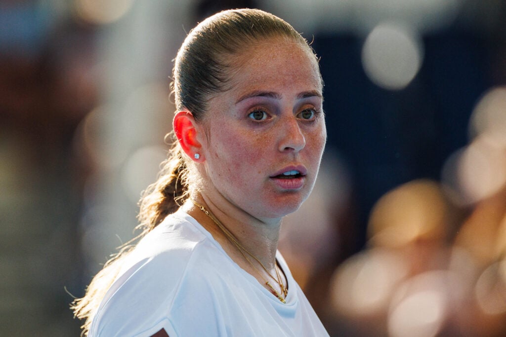 Jelena Ostapenko looks on during her match against Sorana Cirstea at the 2026 Brisbane International.