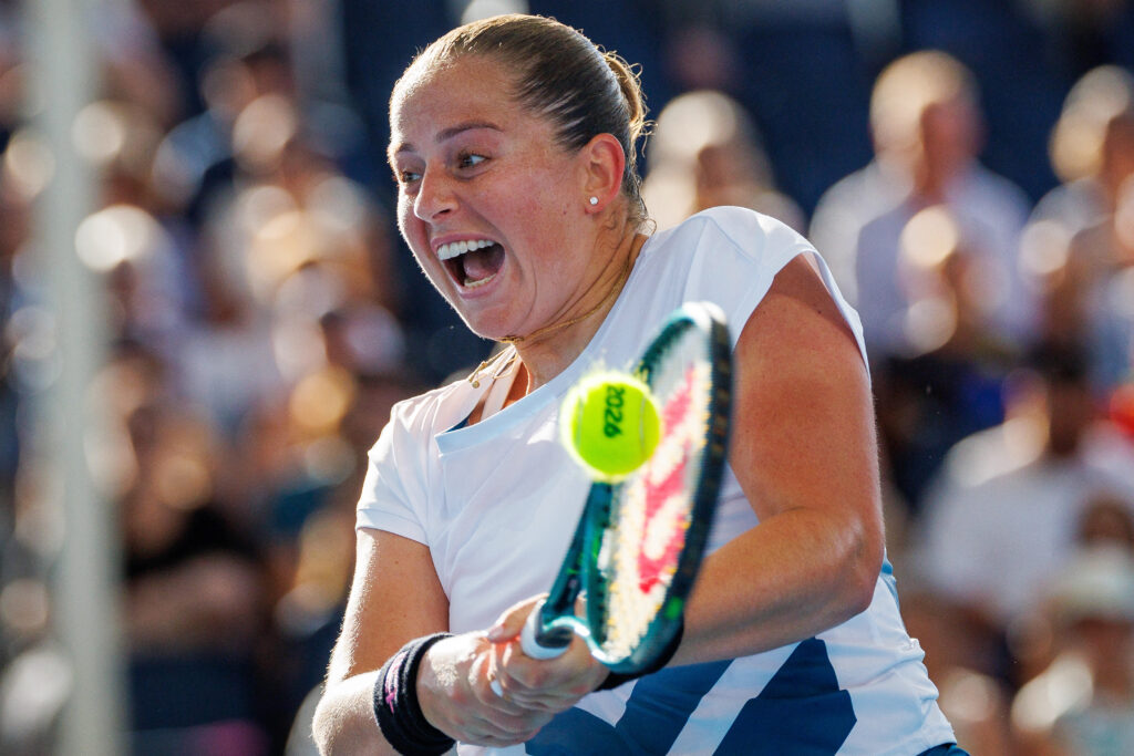 Jelena Ostapenko returns a shot at the 2026 Brisbane International