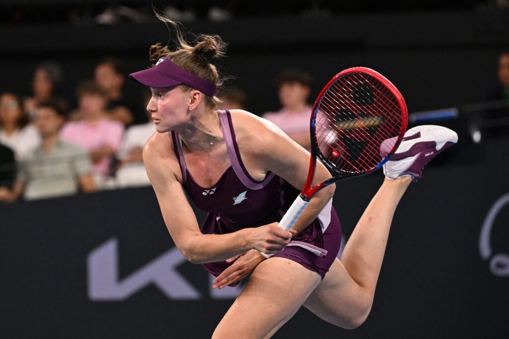 Elena Rybakina serves during her match against Paula Badosa at the 2026 Brisbane International.