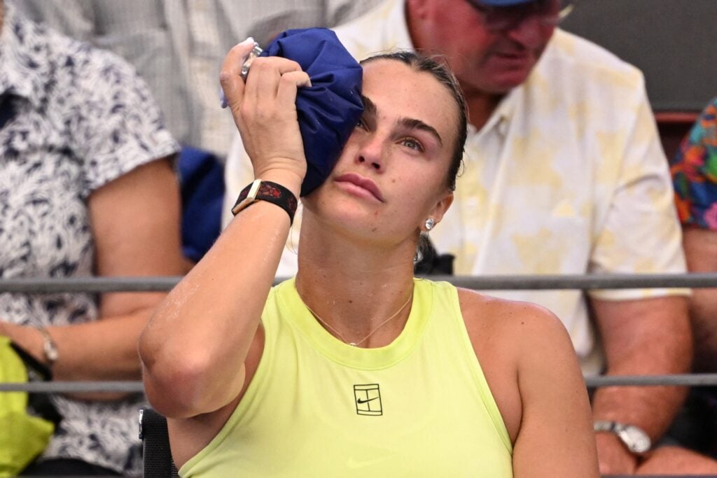 Aryna Sabalenka places an ice pack on her head during her match against Sorana Cirstea at the 2026 Brisbane International.