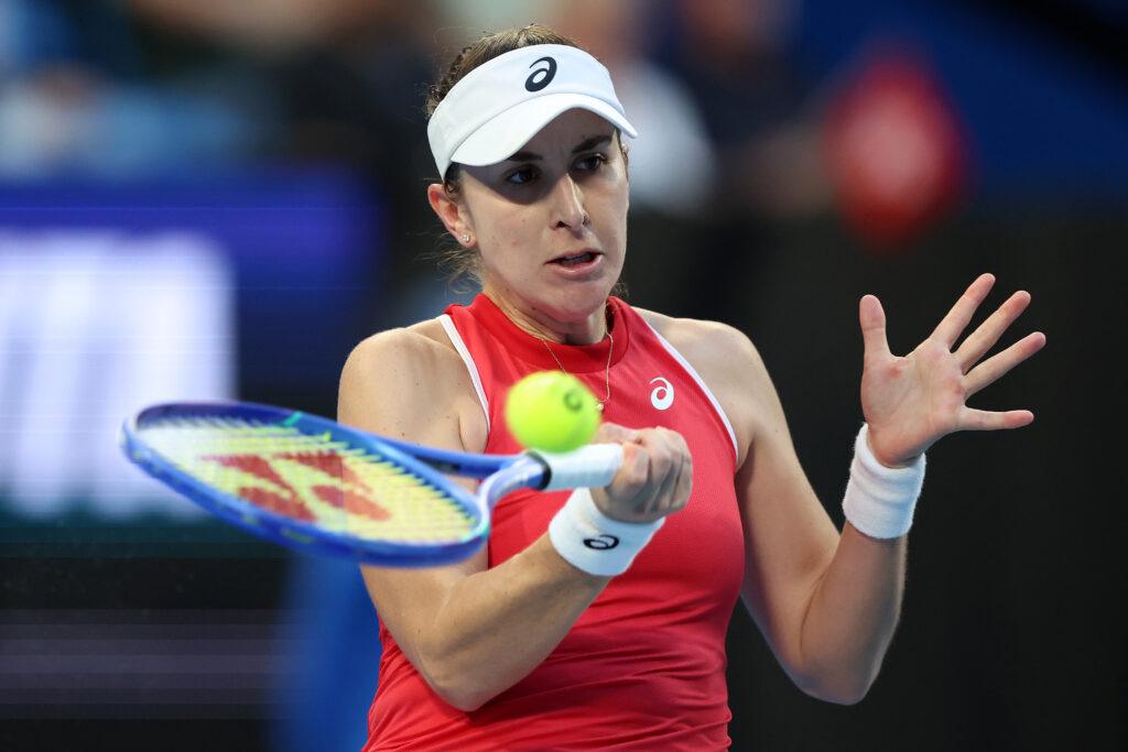 Belinda Bencic hits a forehand against Jasmine Paolini at the 2026 United Cup