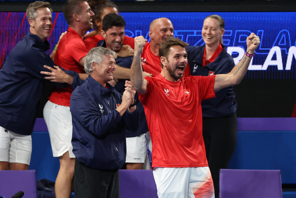 Stan Wawrinka celebrates after Switzerland beat Italy in the mixed doubles match at the 2026 United Cup in Perth.
