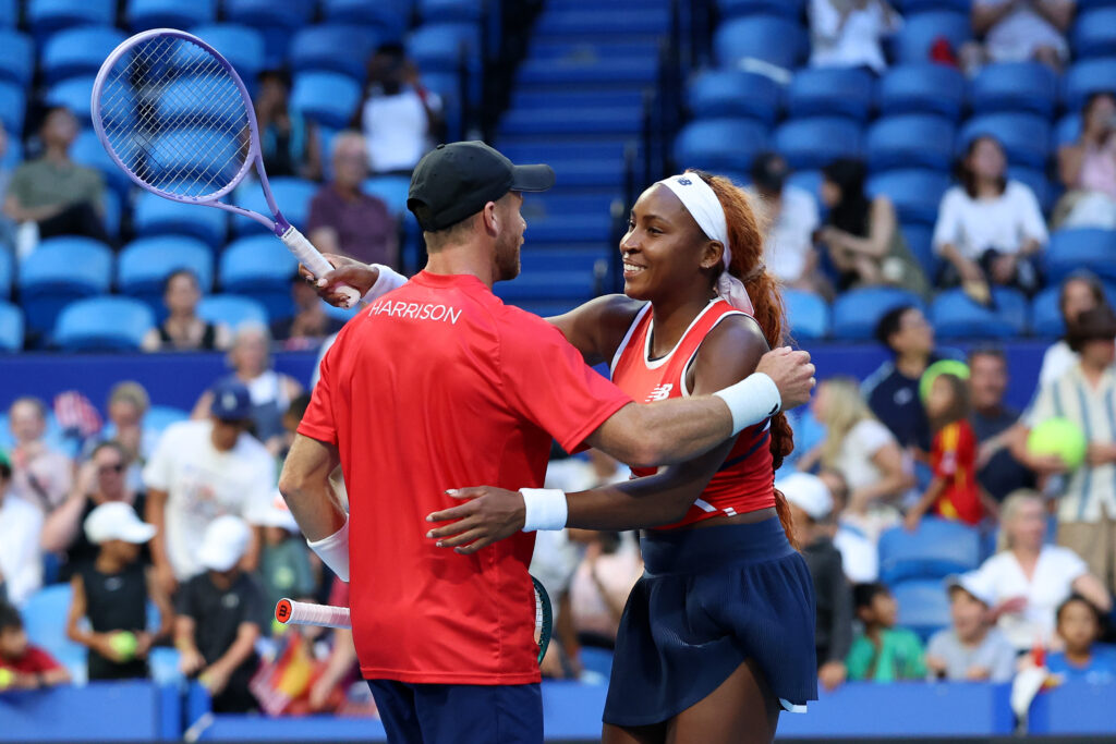 Coco Gauff and Christian Harrison celebrate their win at the 2026 United Cup