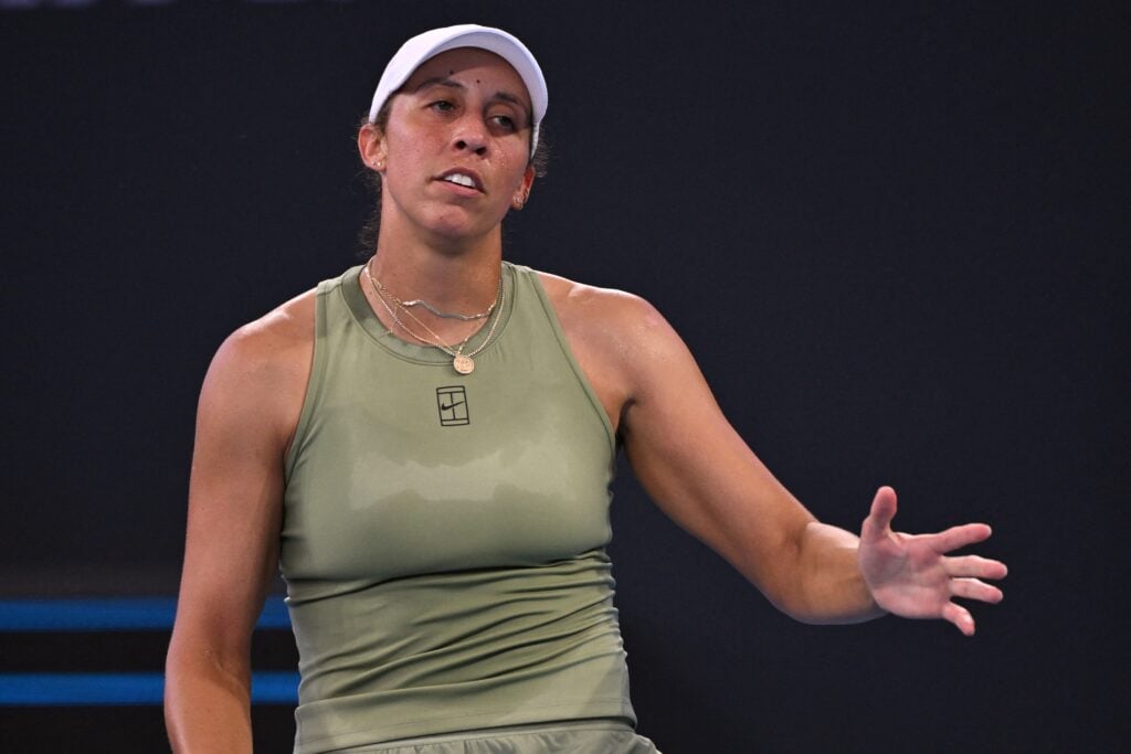 Madison Keys reacts during a match at the 2026 Brisbane International.