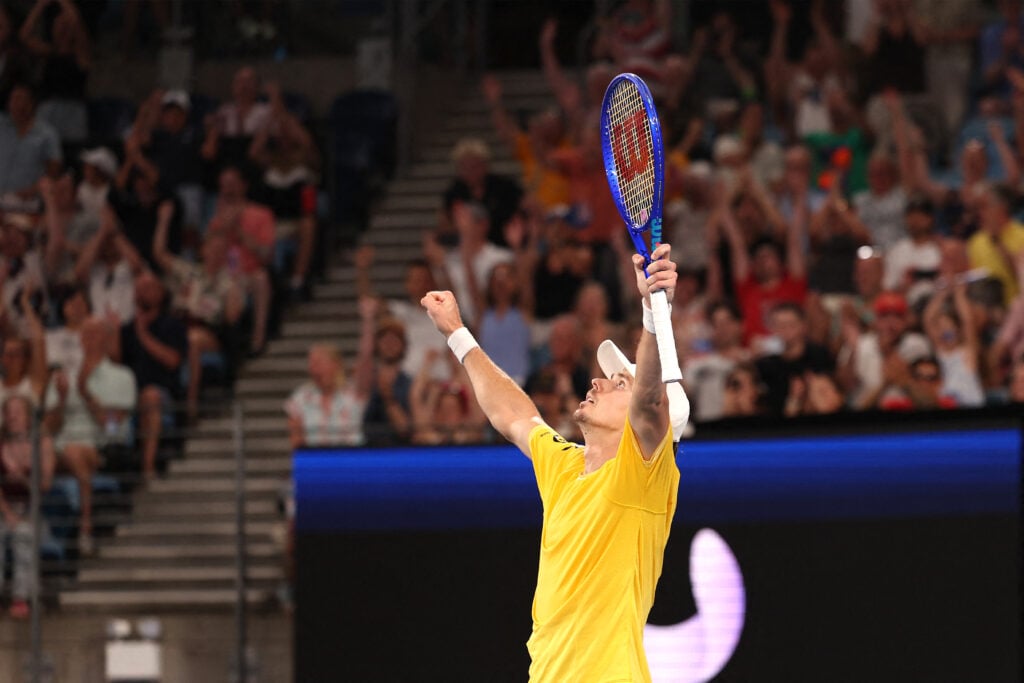 Alex de Minaur celebrates at the United Cup.