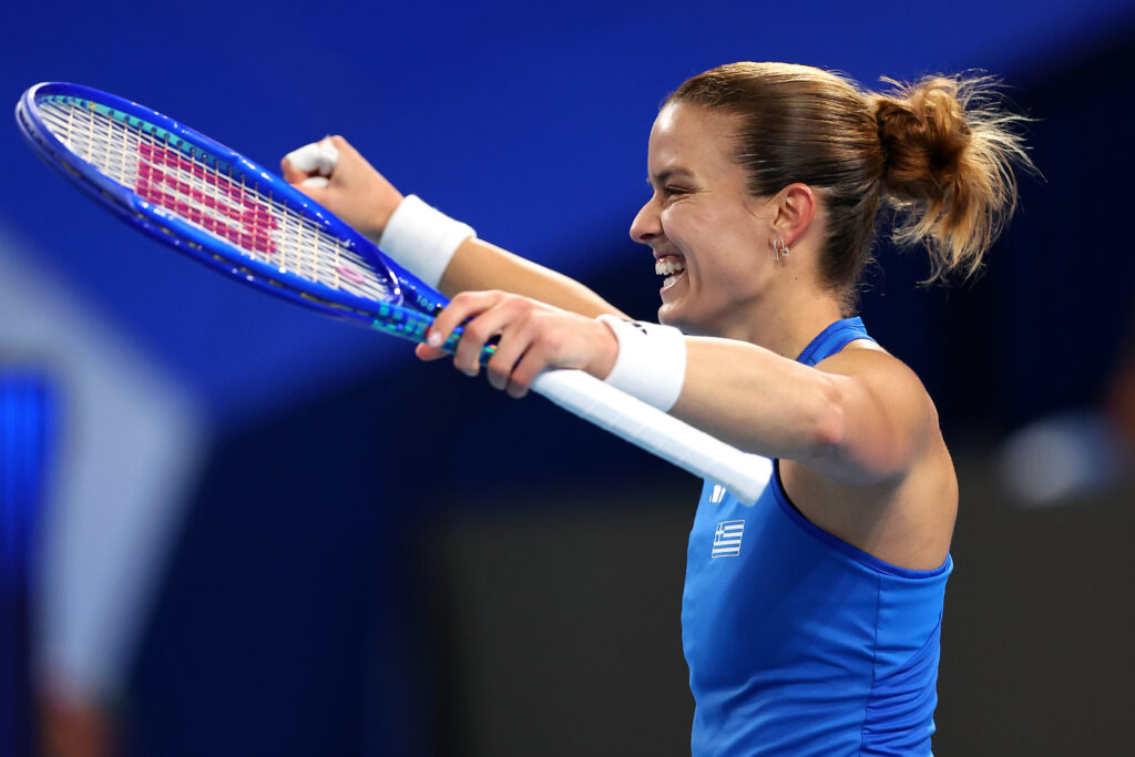 Maria Sakkari celebrates after beating Emma Raducanu at the 2026 United Cup