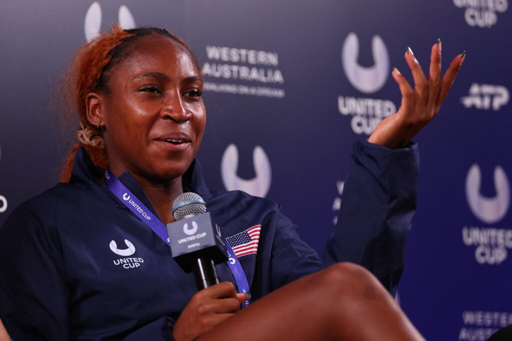 Coco Gauff answers questions during a press conference at the 2026 United Cup