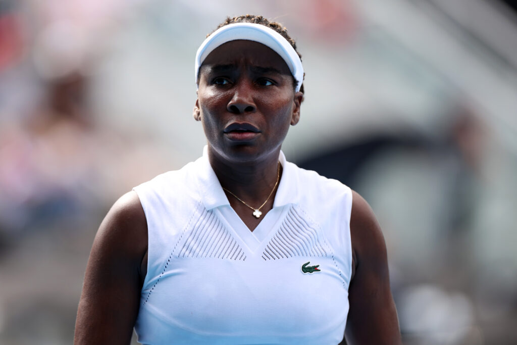 Venus Williams reacts during her match against Magda Linette at the 2026 ASB Classic.