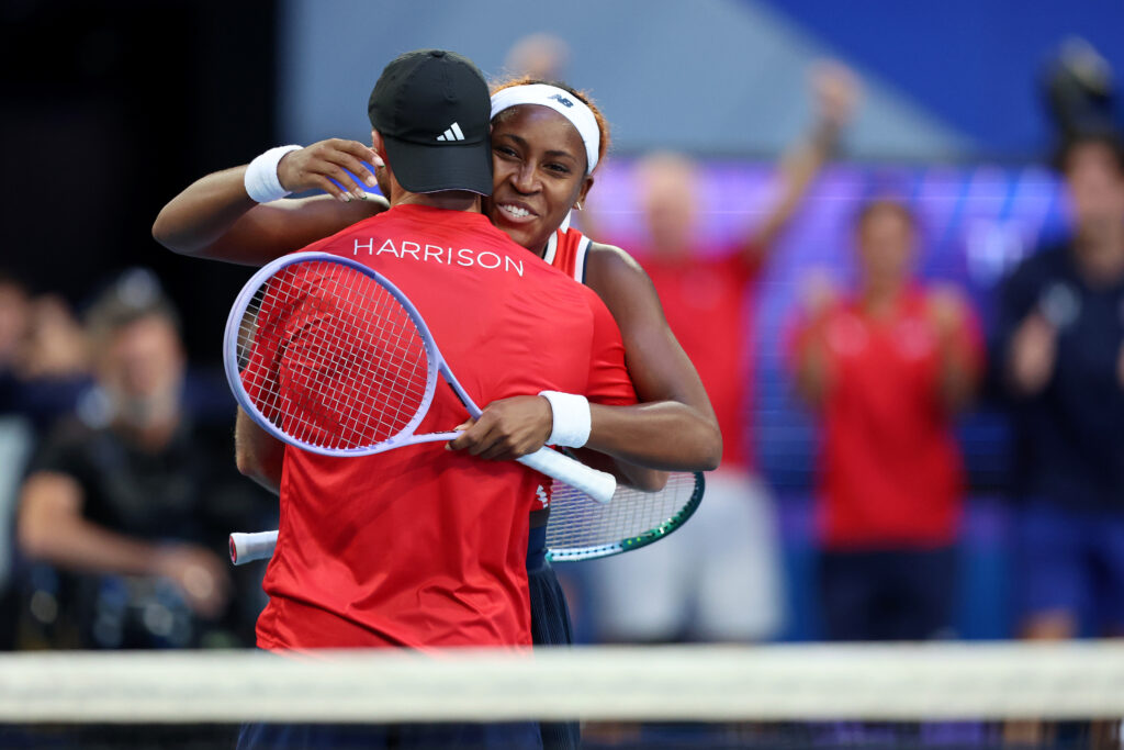 Christian Harrison and Coco Gauff celebrate after winning their mixed doubles match at the 2026 United Cup.