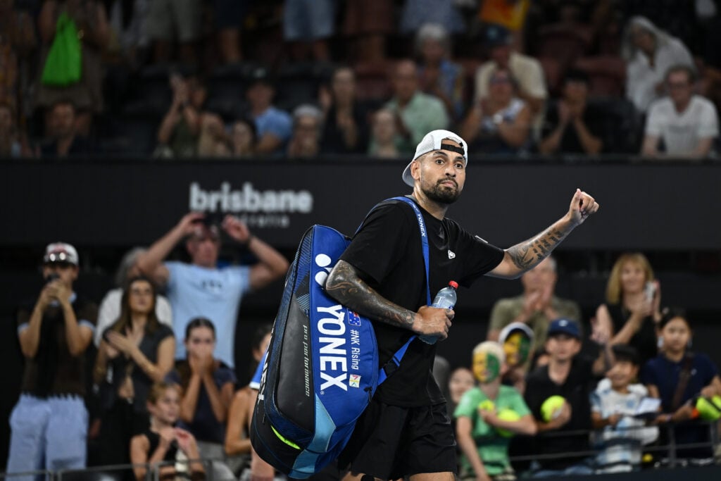 Nick Kyrgios leaves the court at the 2026 Brisbane International.