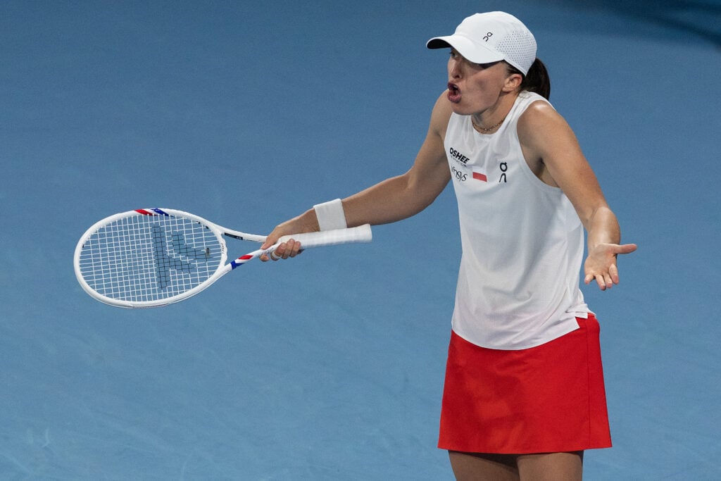 Iga Swiatek reacts during the final against Belinda Bencic at the 2026 United Cup.
