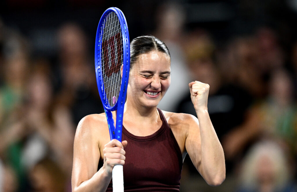 Marta Kostyuk celebrates at the 2026 Brisbane International.