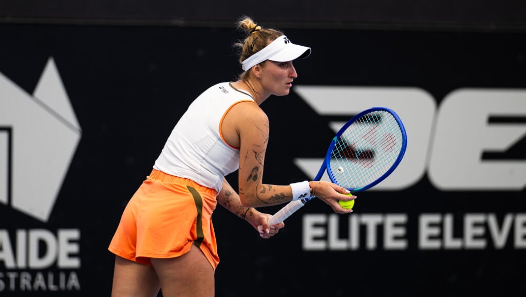 Marketa Vondrousova prepares to serve during her match at the 2026 Adelaide International.
