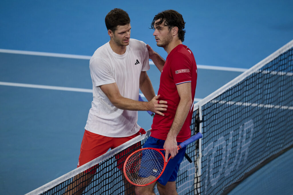 Hubert Hurkacz and Taylor Fritz embrace at the net at the 2026 United Cup.