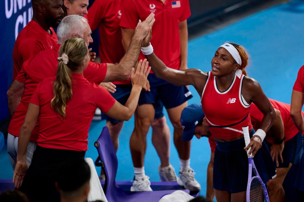 Coco Gauff celebrates with her team at the 2026 United Cup.