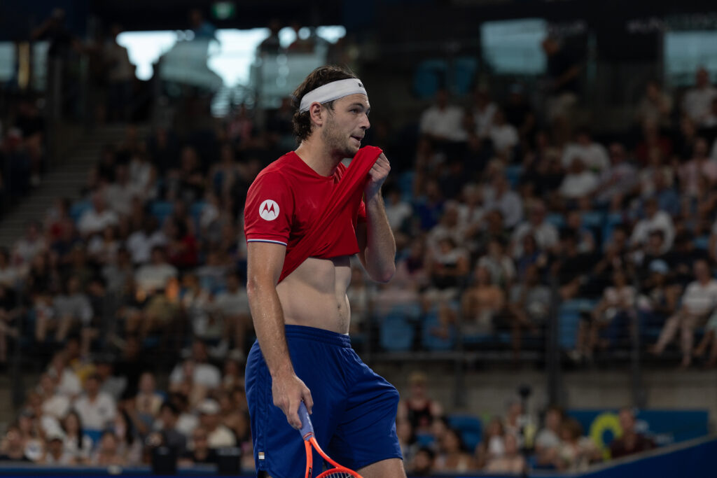 Taylor Fritz reacts during his match against Hubert Hurkacz at the 2026 United Cup.