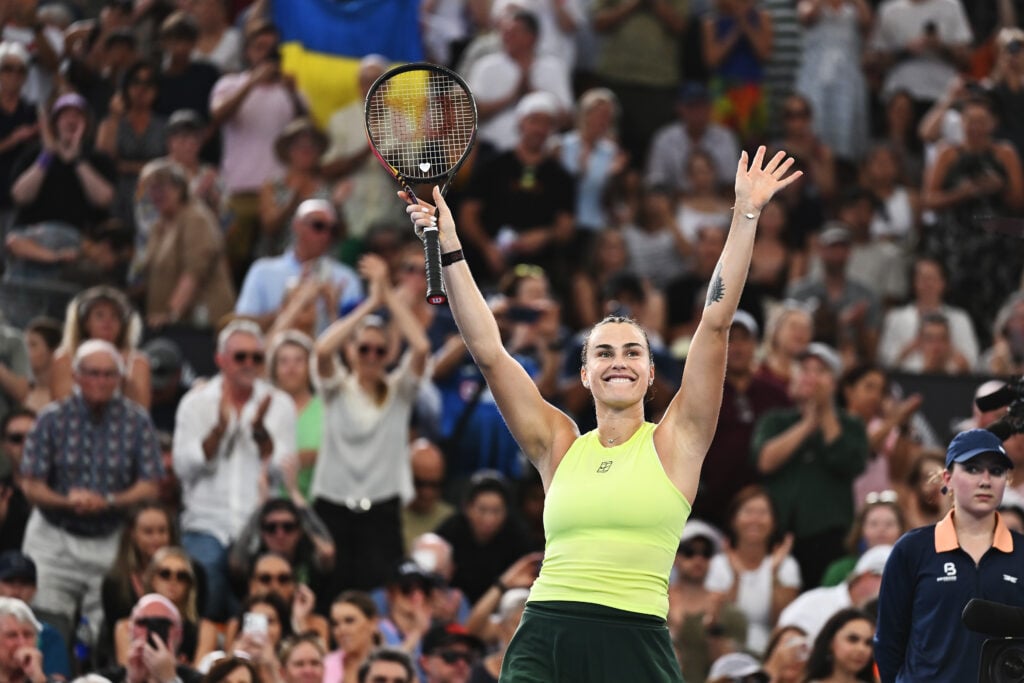 Aryna Sabalenka celebrates after beating Marta Kostyuk to win the 2026 Brisbane International.
