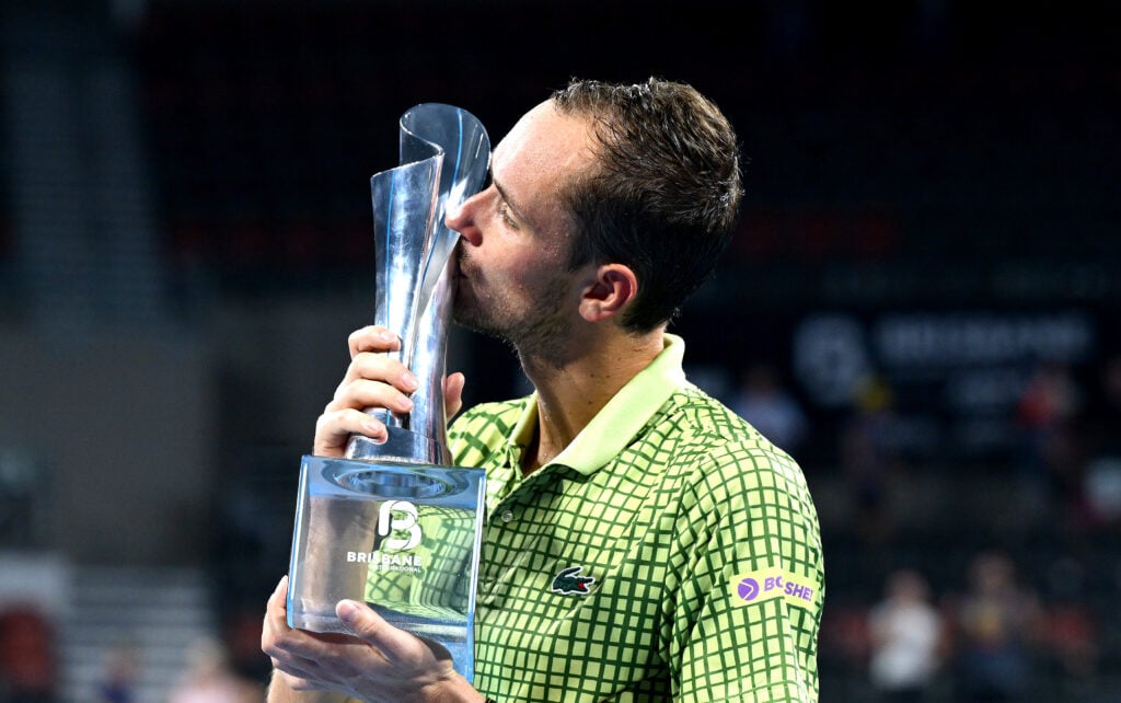 Daniil Medvedev kisses the 2026 Brisbane International title.