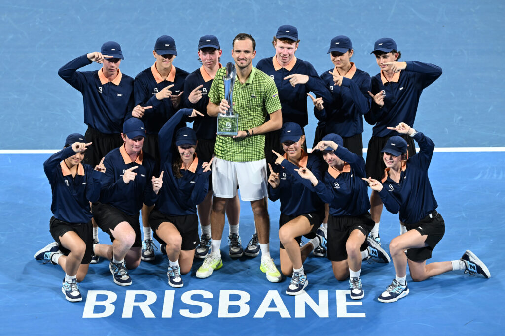 Daniil Medvedev poses with the trophy at the 2026 Brisbane International.