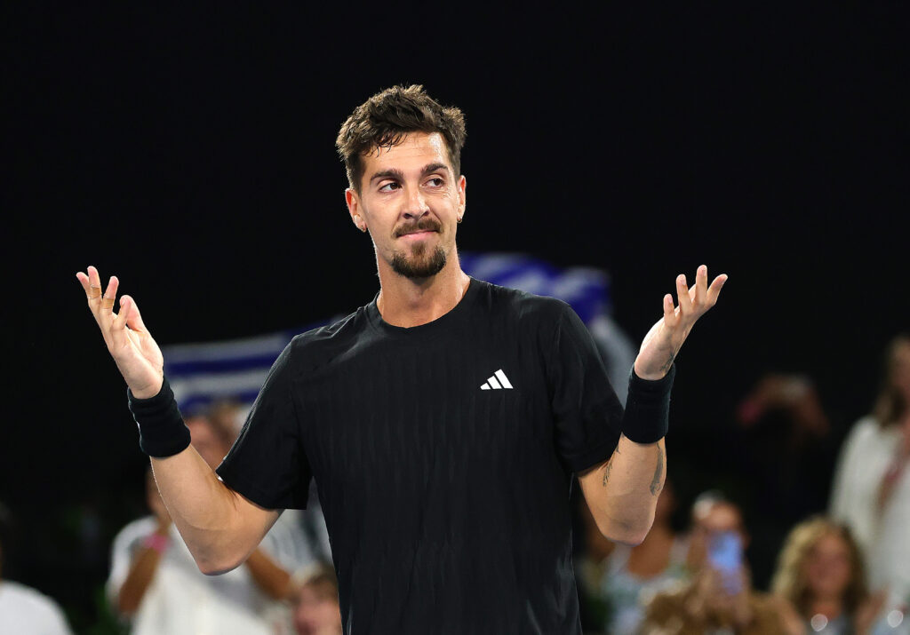 Thanasi Kokkinakis reacts after winning in Adelaide.
