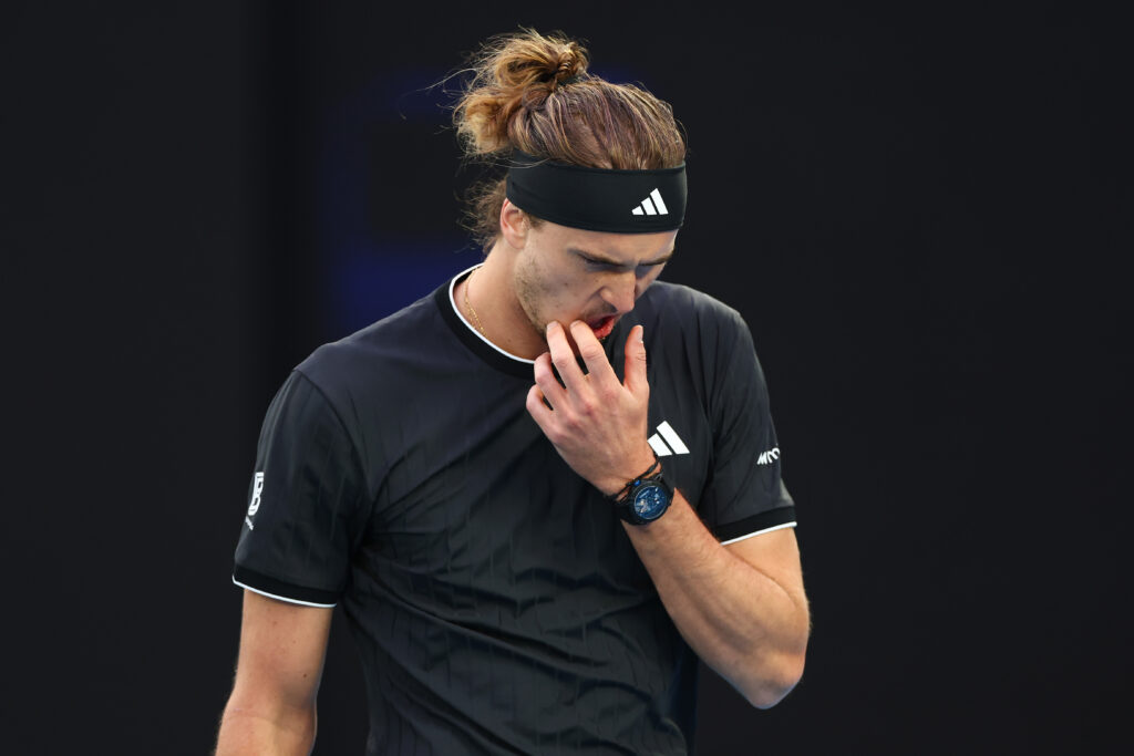 Alexander Zverev reacts during his exhibition match with Lorenzo Musetti in 2026