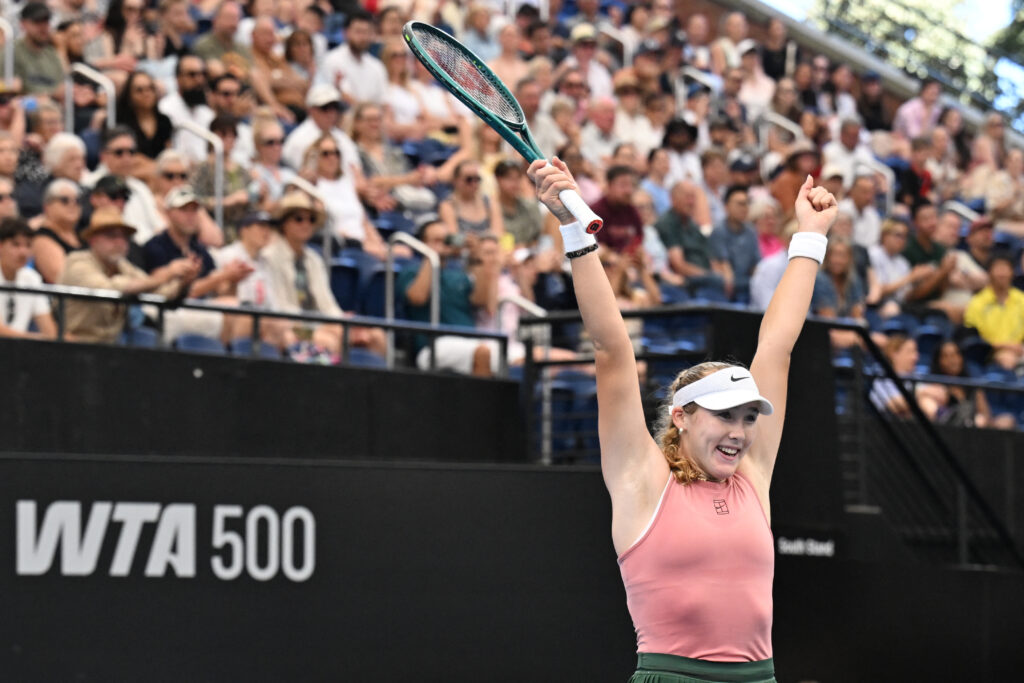 Mirra Andreeva celebrates.