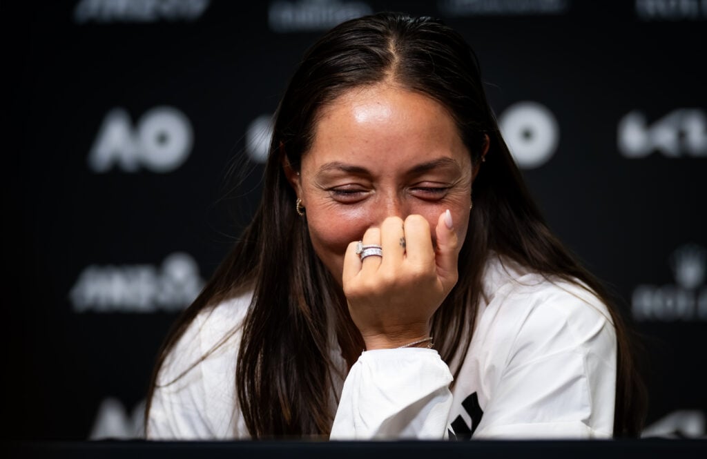 Jessica Pegula laughs during a press conference at the 2026 Australian Open