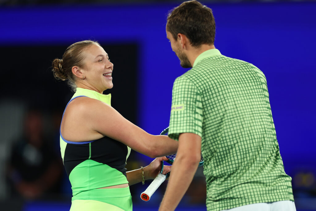 Amanda Anisimova and Daniil Medvedev embrace after their match at the 2026 One Point Slam