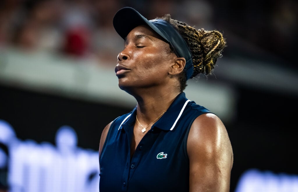 Venus Williams of the United States in action against Olga Danilovic of Serbia in the first round on Day 1 of the 2026 Australian Open at Melbourne Park on January 18, 2026 in Melbourne, Australia