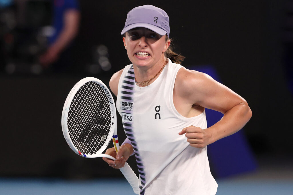 Iga Swiatek reacts at the Australian Open.