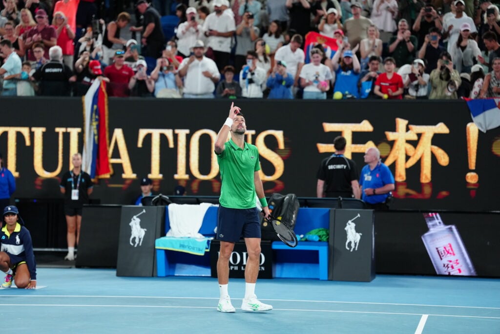 Novak Djokovic looks to the sky.