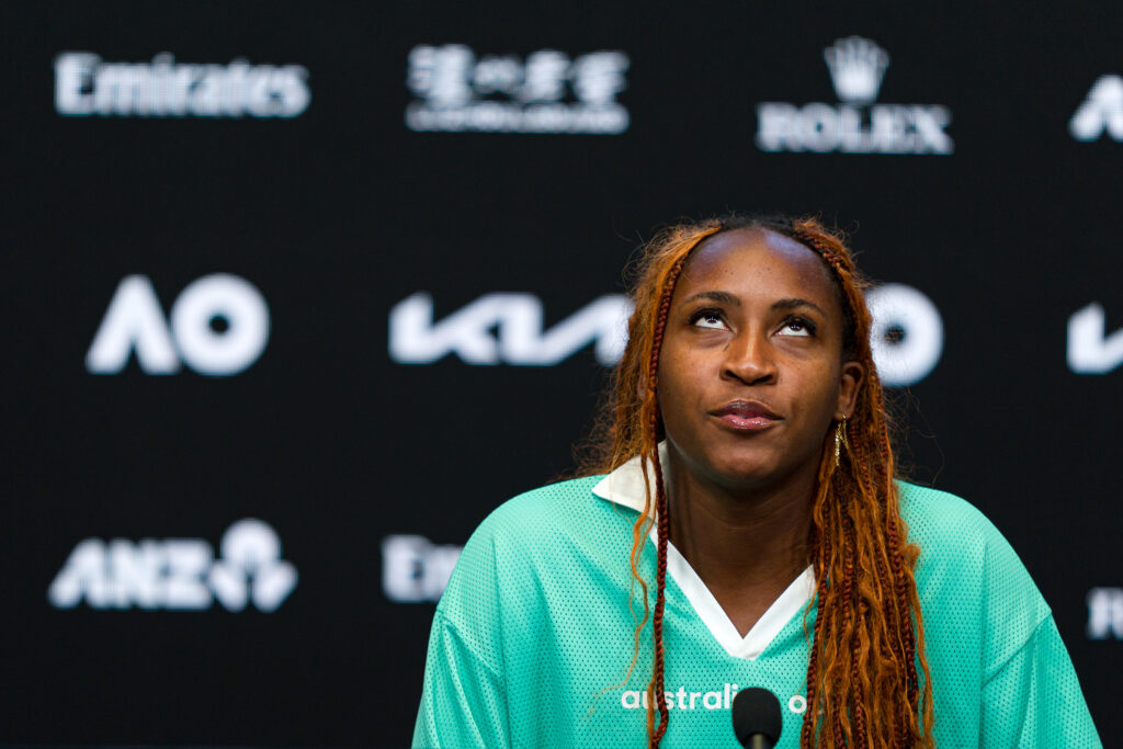 Coco Gauff looks up at an Australian Open press conference.