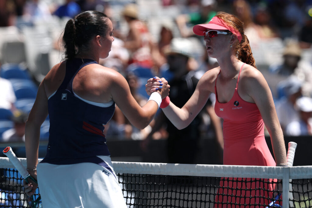 Maya Joint and Tereza Valentova shake hands after their match at the 2026 Australian Open.