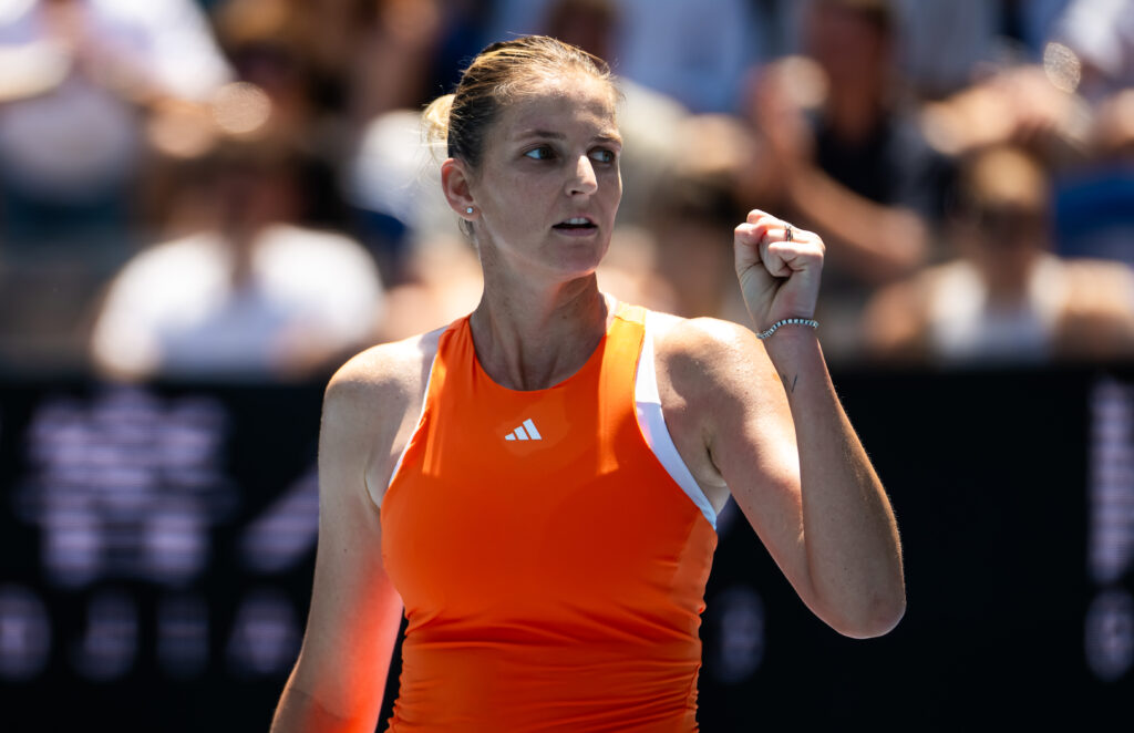 Karolina Pliskova celebrates after beating Sloane Stephens in her first round match at the 2026 Australian Open.