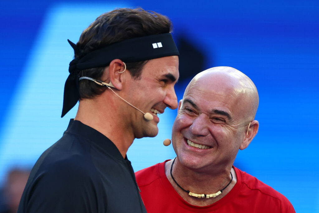 Roger Federer and Andre Agassi pictured together during the 2026 Australian Open