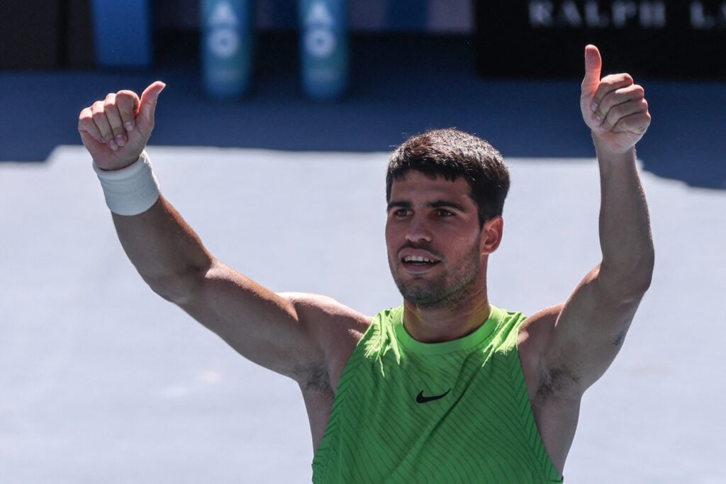 Carlos Alcaraz celebrates after beating Yannick Hanfmann at the 2026 Australian Open.