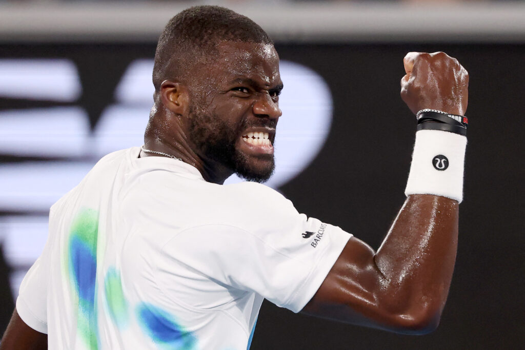 Frances Tiafoe celebrates his second-round win at the 2026 Australian Open