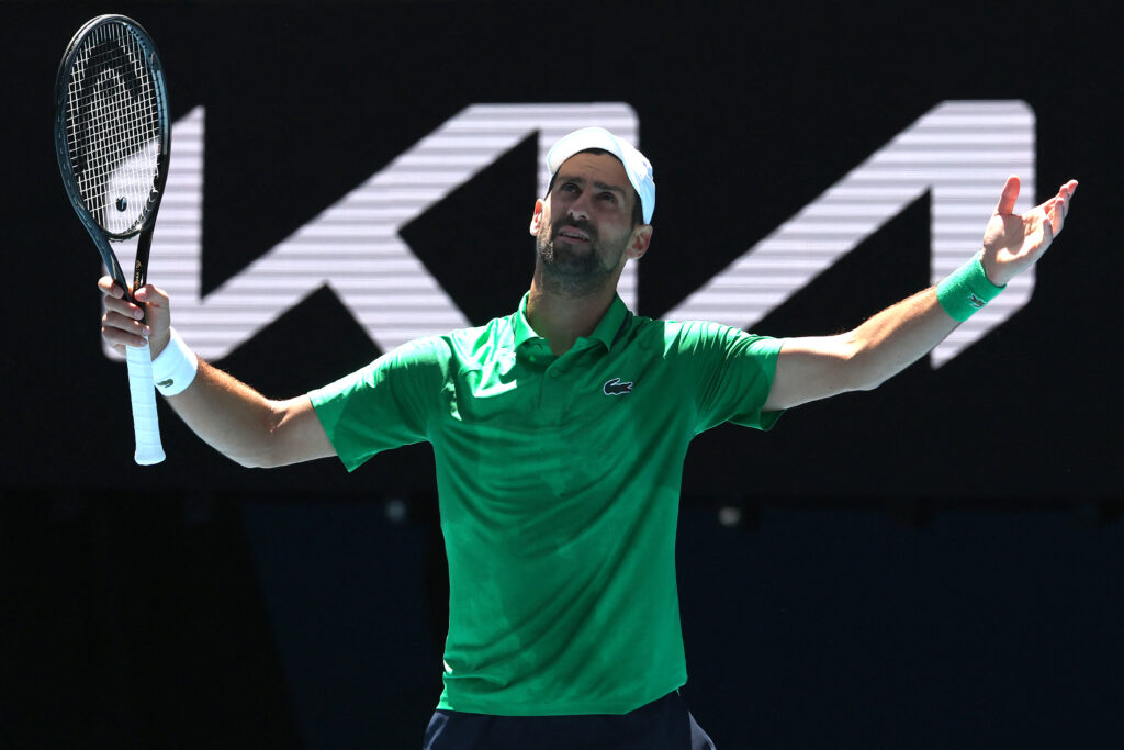 Novak Djokovic reacts during his match against Francesco Maestrelli at the 2026 Australian Open.