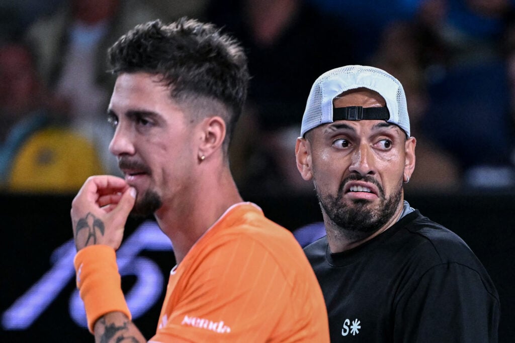 Nick Kyrgios and Thanasi Kokkinakis react at the Australian Open in 2026.