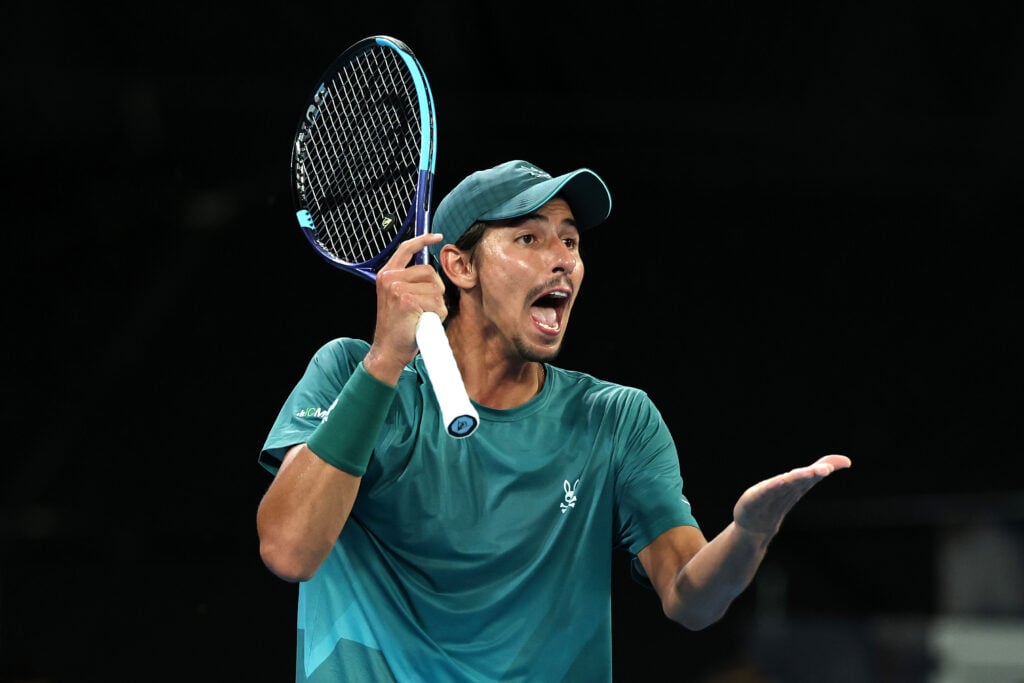 Alexei Popyrin expresses his frustration during his match against Alexandre Muller at the 2026 Australian Open.