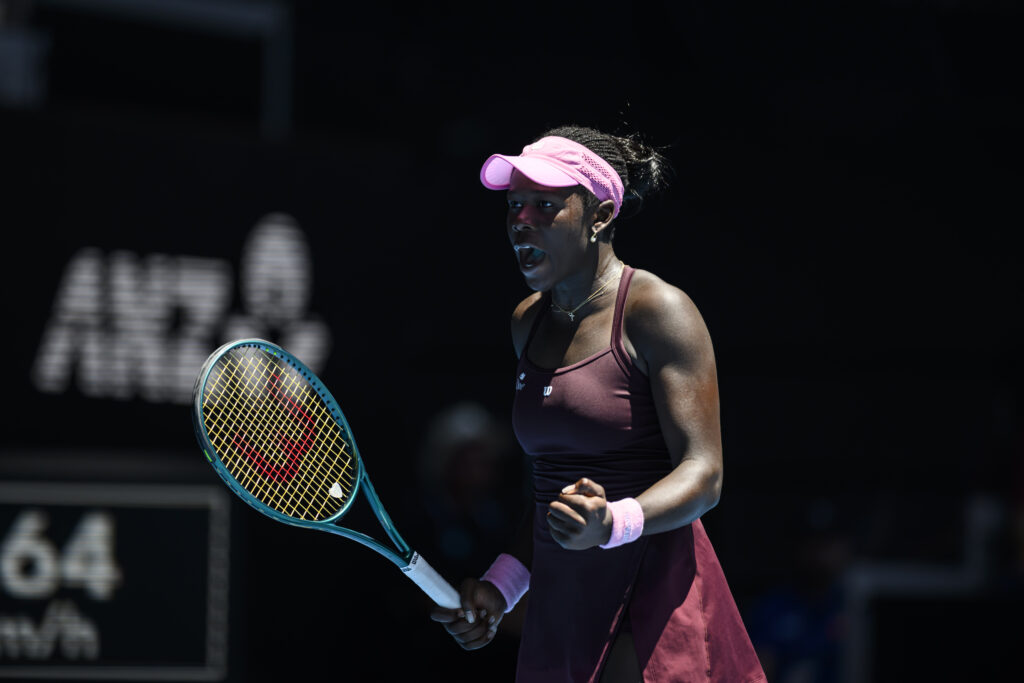 Victoria Mboko celebrates at the Australian Open.