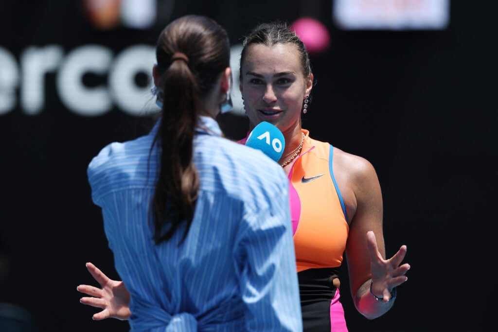 Aryna Sabalenka is interviewed after her victory over Zhouxuan Bai at the 2026 Australian Open.