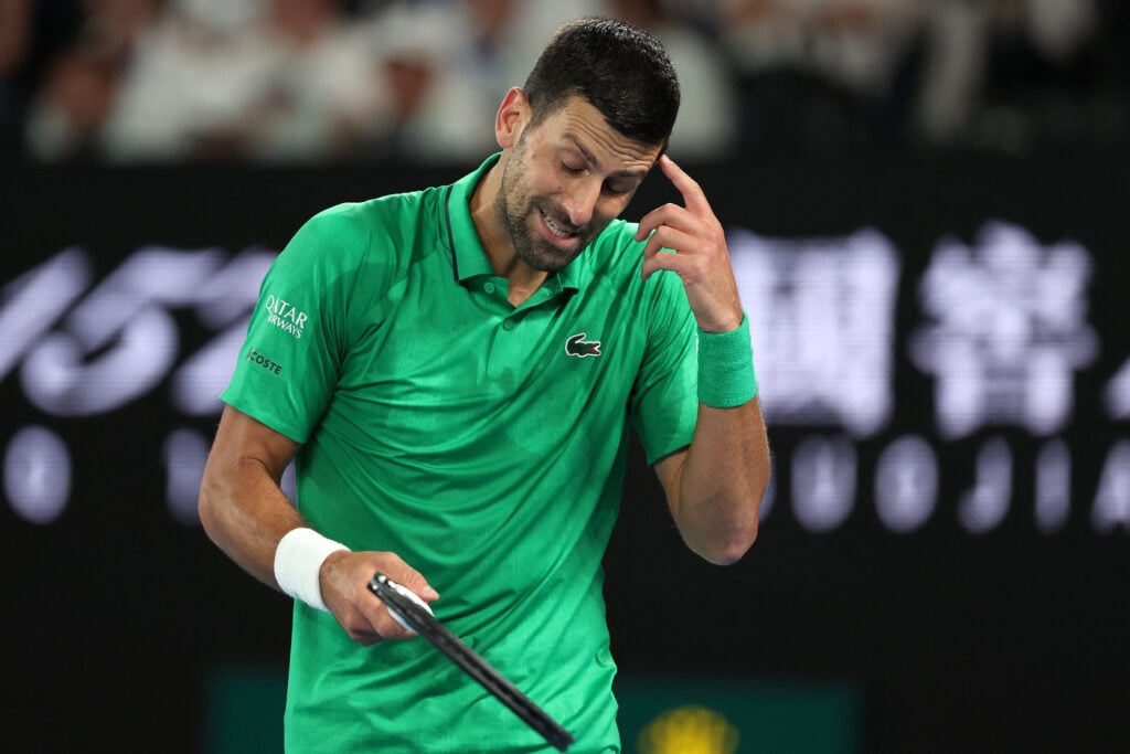 Novak Djokovic reacts during his win over Botic van de Zandschulp at the 2026 Australian Open