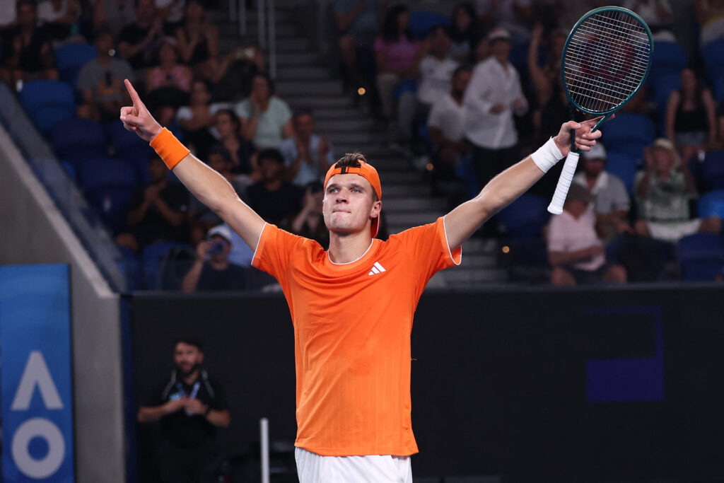 Jakub Mensik celebrates at the Australian Open.