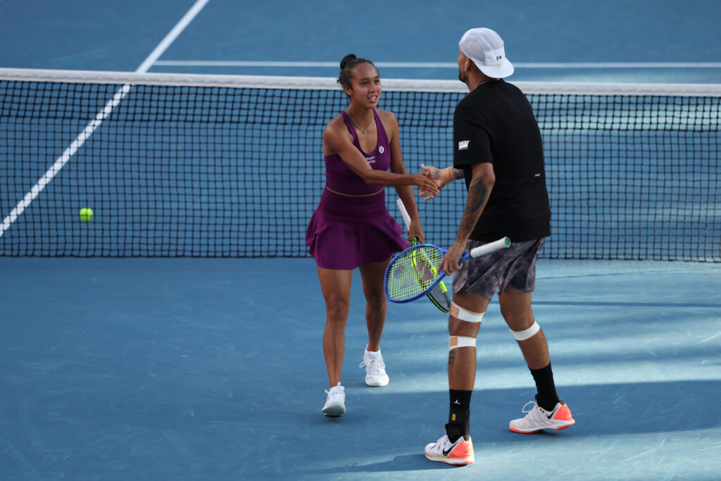 Nick Kyrgios and Leylah Fernandez shake hands at the 2026 Australian Open.