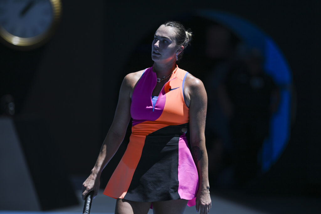 Aryna Sabalenka showing her frustration against Iva Jovic at the 2026 Australian Open.