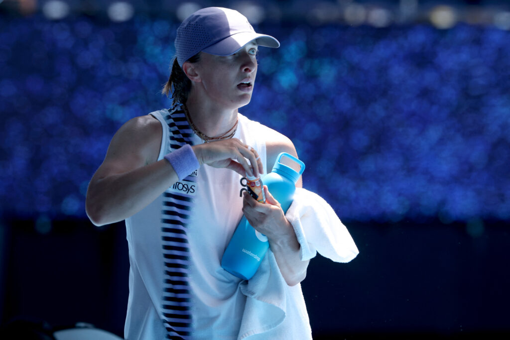 Iga Swiatek looks on during her quarterfinal match against Elena Rybakina at the 2026 Australian Open.