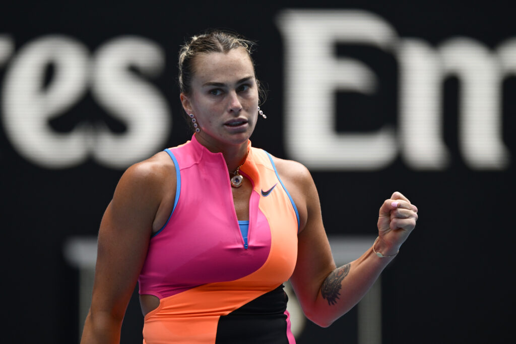 Aryna Sabalenka celebrates after beating Victoria Mboko at the 2026 Australian Open.